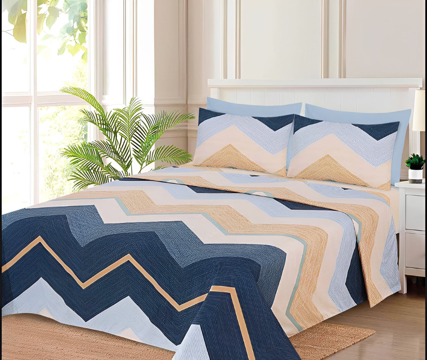 Ensemble de draps Chevron Bleu et Beige