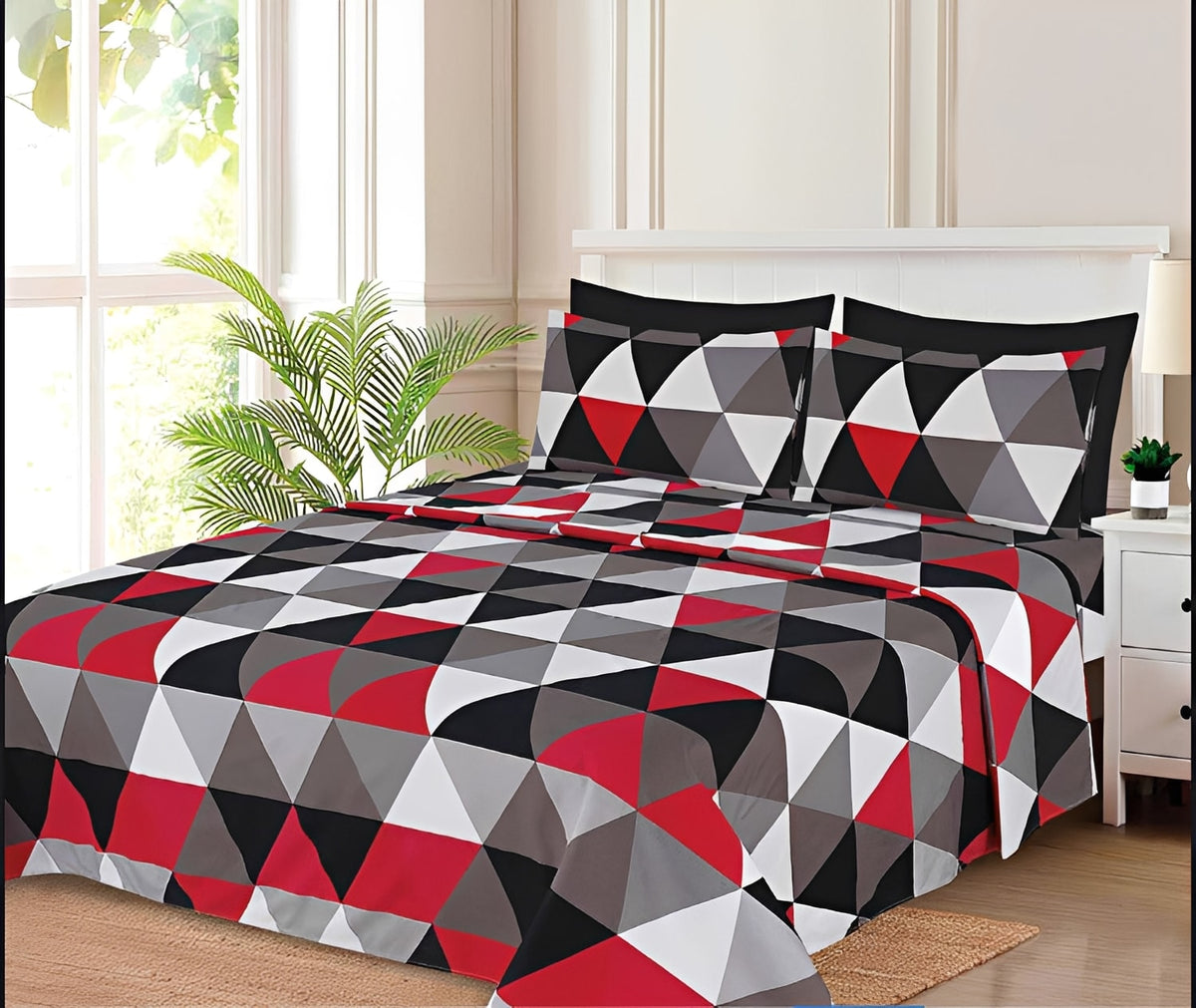 Ensemble de draps Géométrique Noir, Rouge, Gris et Blanc
