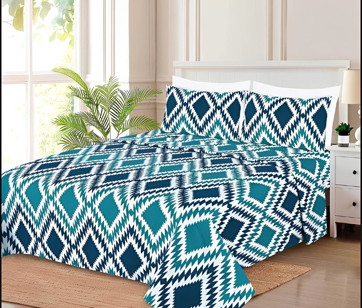 Ensemble de draps Motif Ikat Bleu pétrole, Bleu marine et Blanc