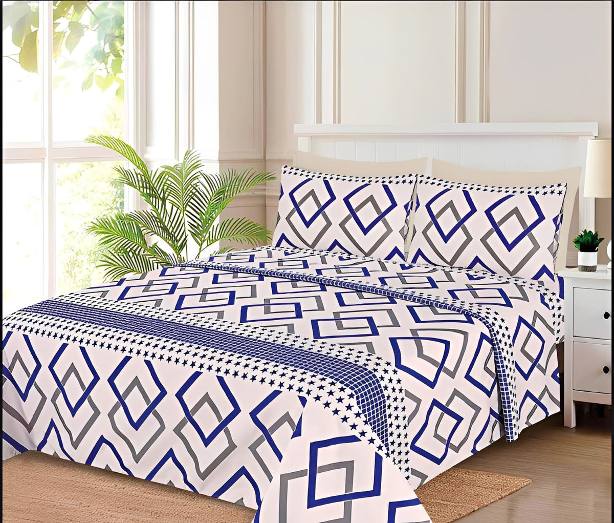Ensemble de draps Géométrique Bleu royal, Gris et Blanc