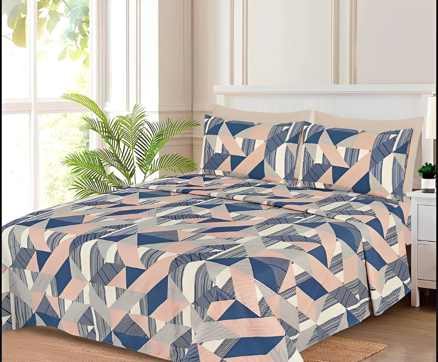 Ensemble de draps Géométrique Bleu marine, Beige et Blanc