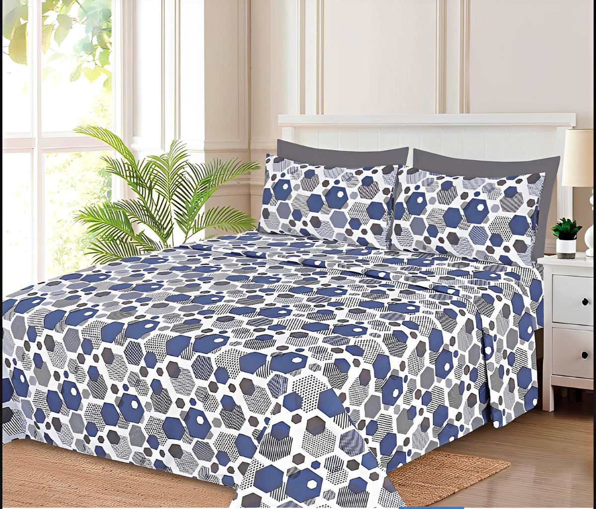 Ensemble de draps Géométrique Bleu, Gris, Blanc et Ardoise