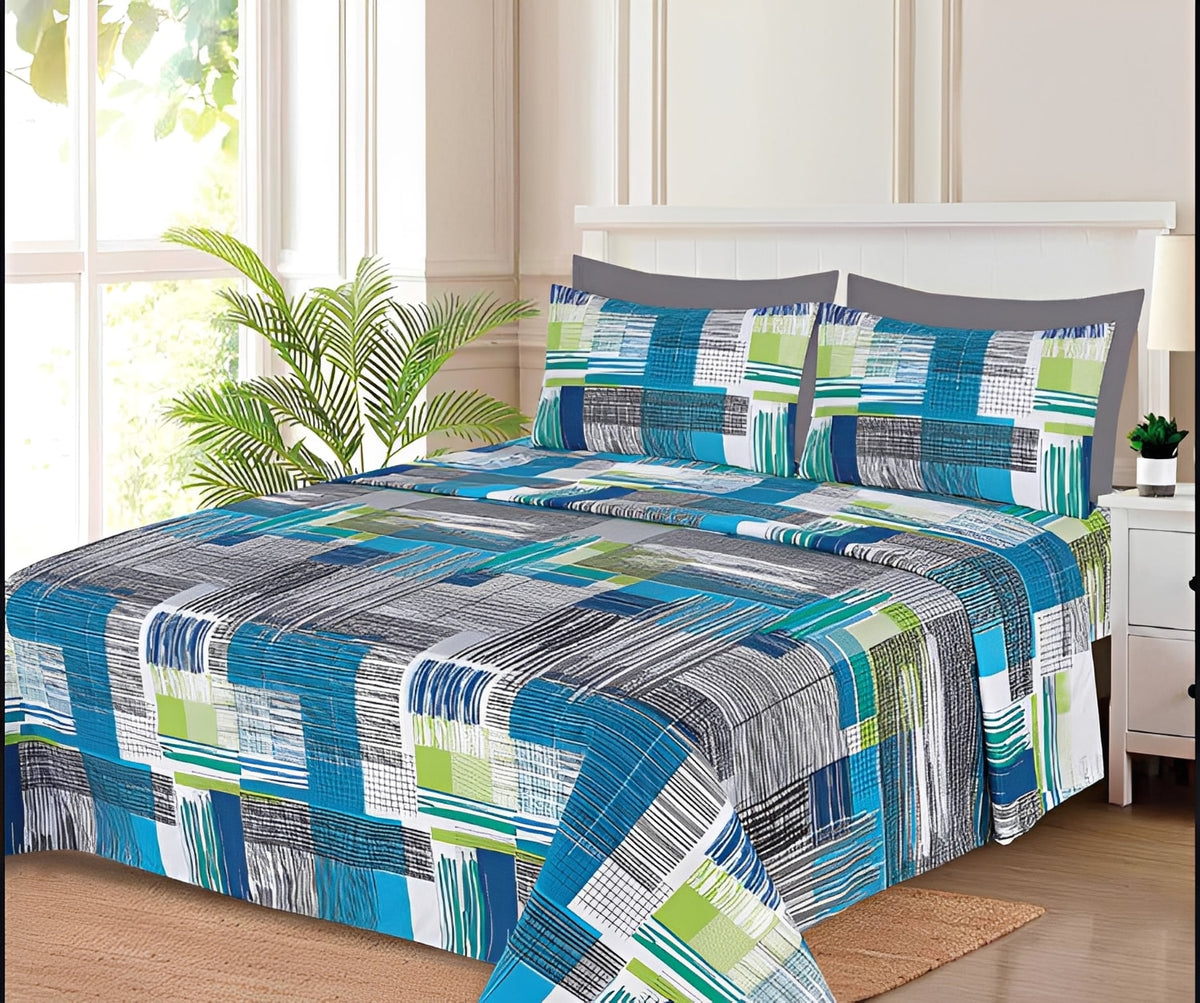 Ensemble de draps Géométrique Bleu turquoise, Vert sauge et Blanc
