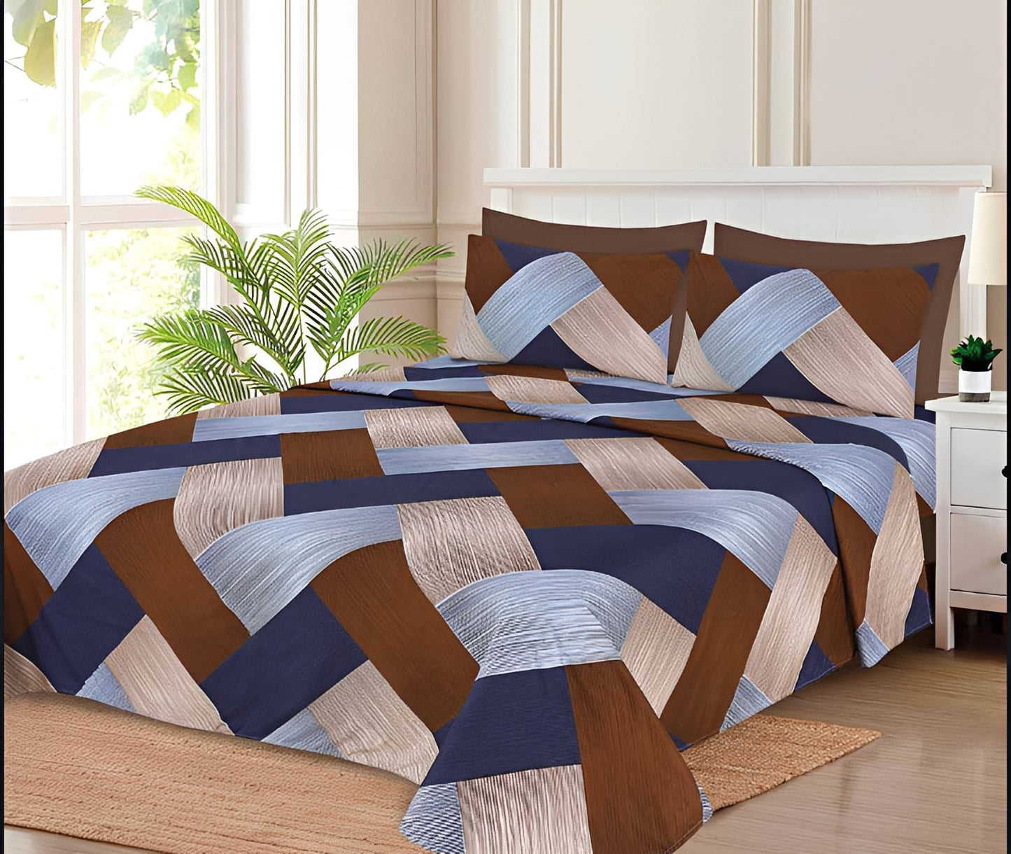 Ensemble de draps Géométrique Bleu marine, Brun et Blanc