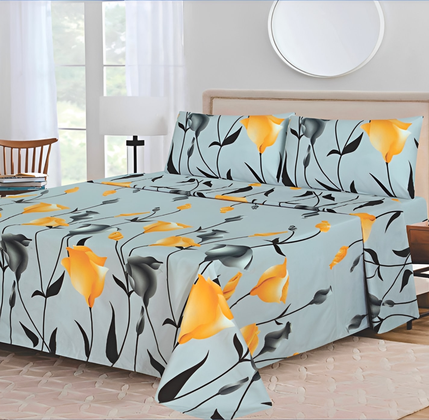 Ensemble de draps Floral Bleu ciel, Jaune doré et Noir