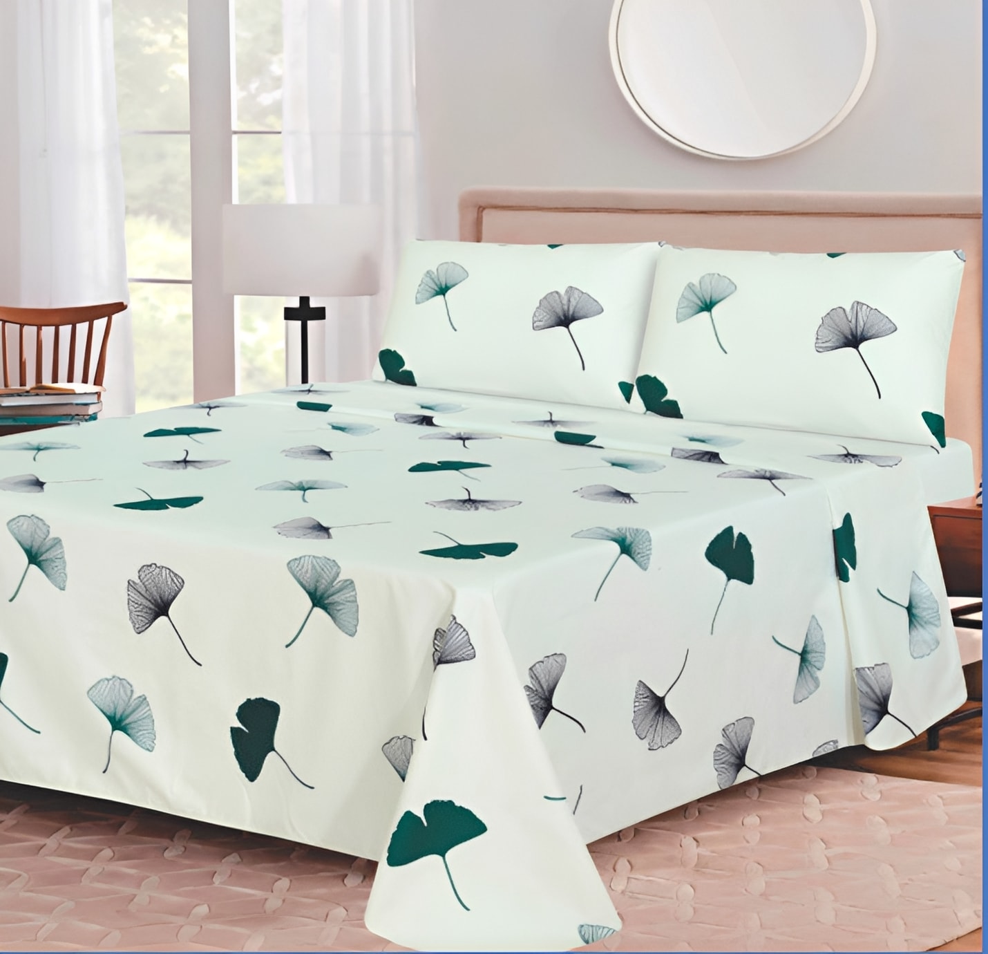 Ensemble de draps Feuilles Blanc, Vert forêt et Gris