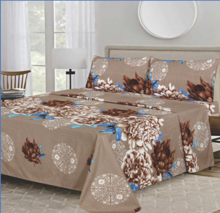 Floral Taupe, Brown, White, and Blue Sheet Set