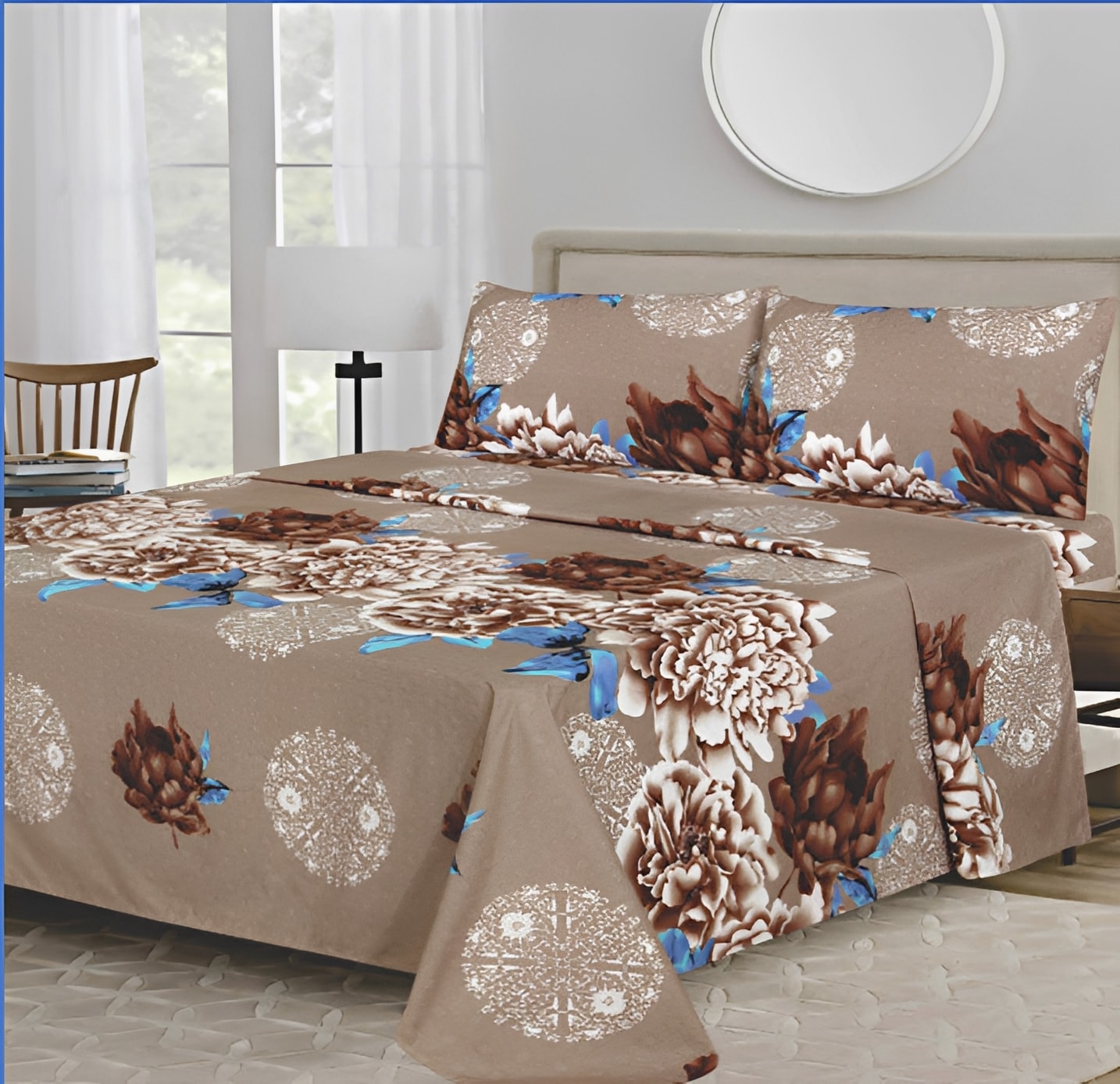 Ensemble de draps Floral Taupe, Brun, Blanc et Bleu