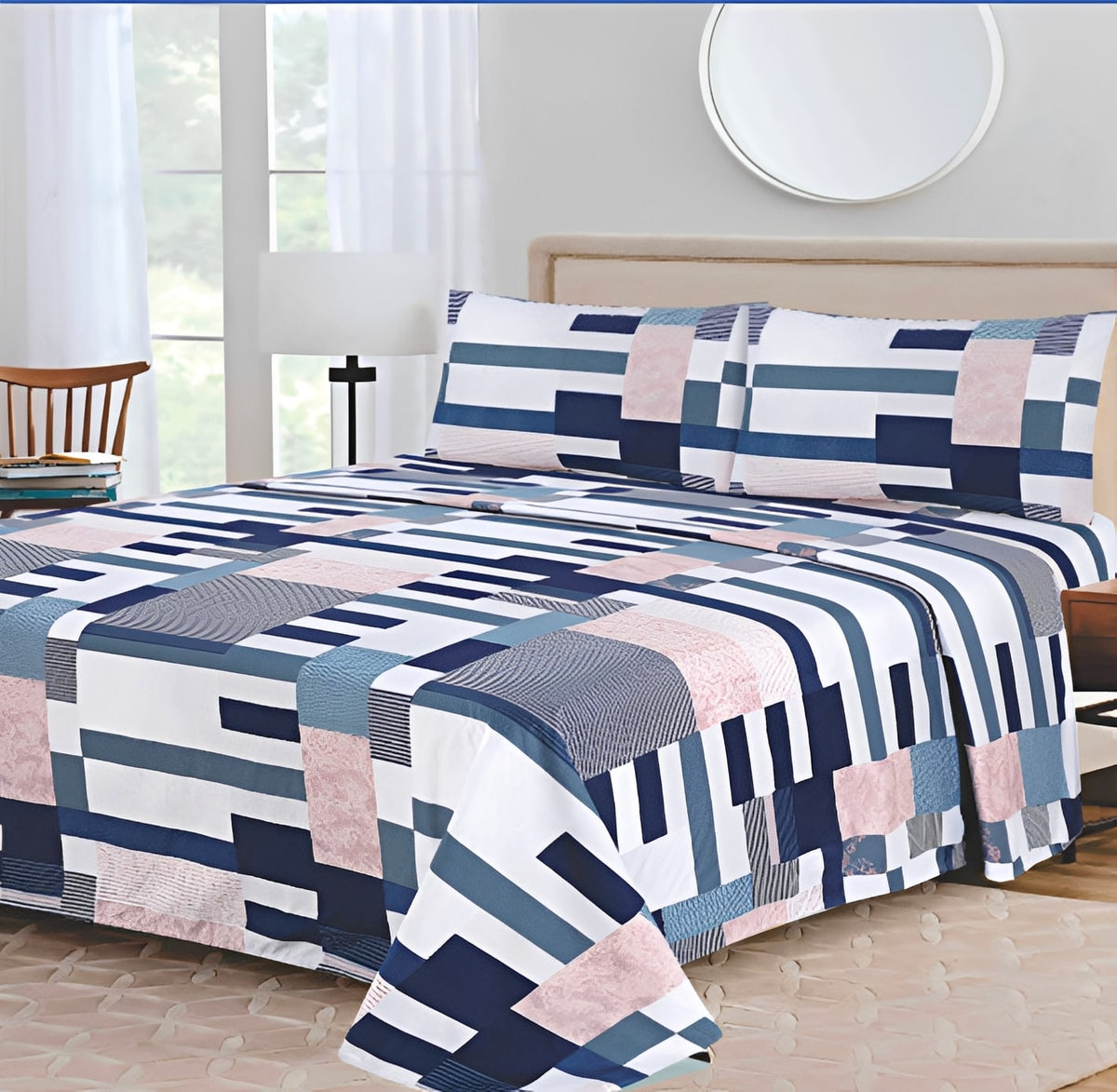 Ensemble de draps Géométrique Bleu marine, Bleu acier, Rose poudré et Blanc