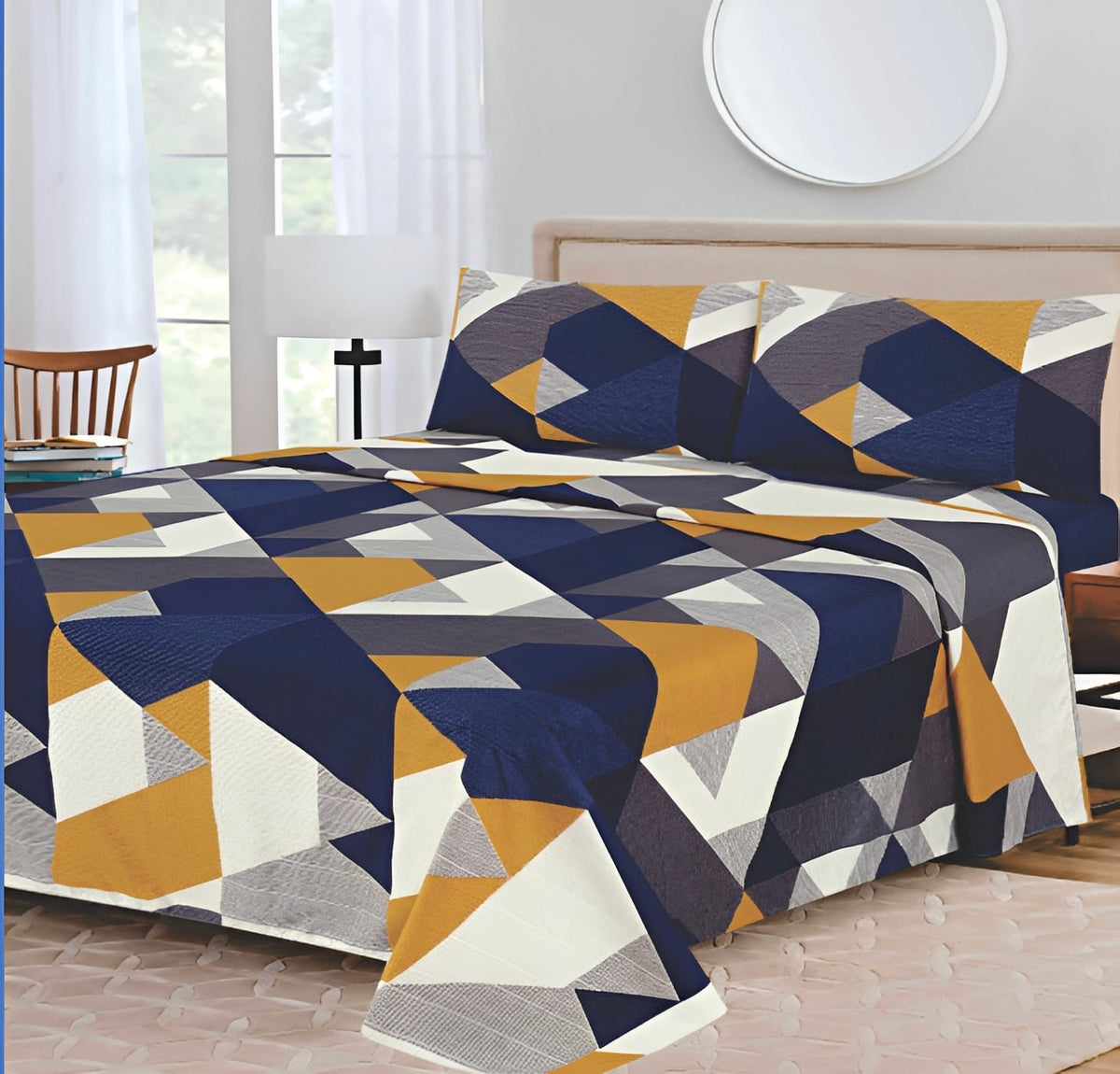 Ensemble de draps Géométrique Bleu marine, Jaune moutarde, Gris et Blanc
