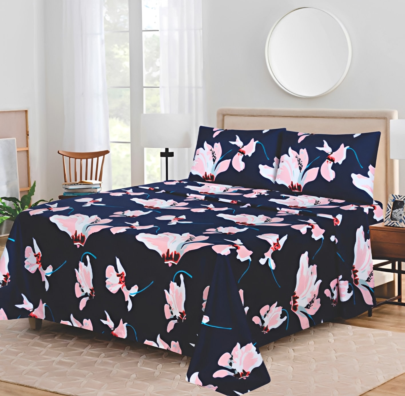 Ensemble de draps Floral Noir, Rose pâle et Blanc