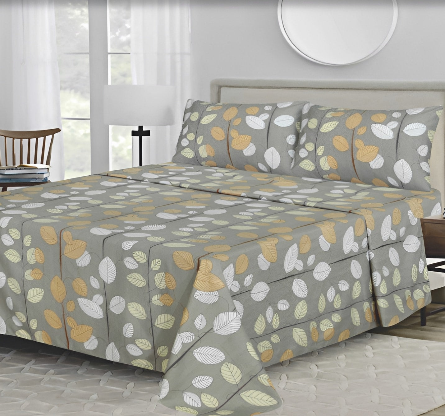 Ensemble de draps Feuilles Gris, Jaune moutarde et Blanc
