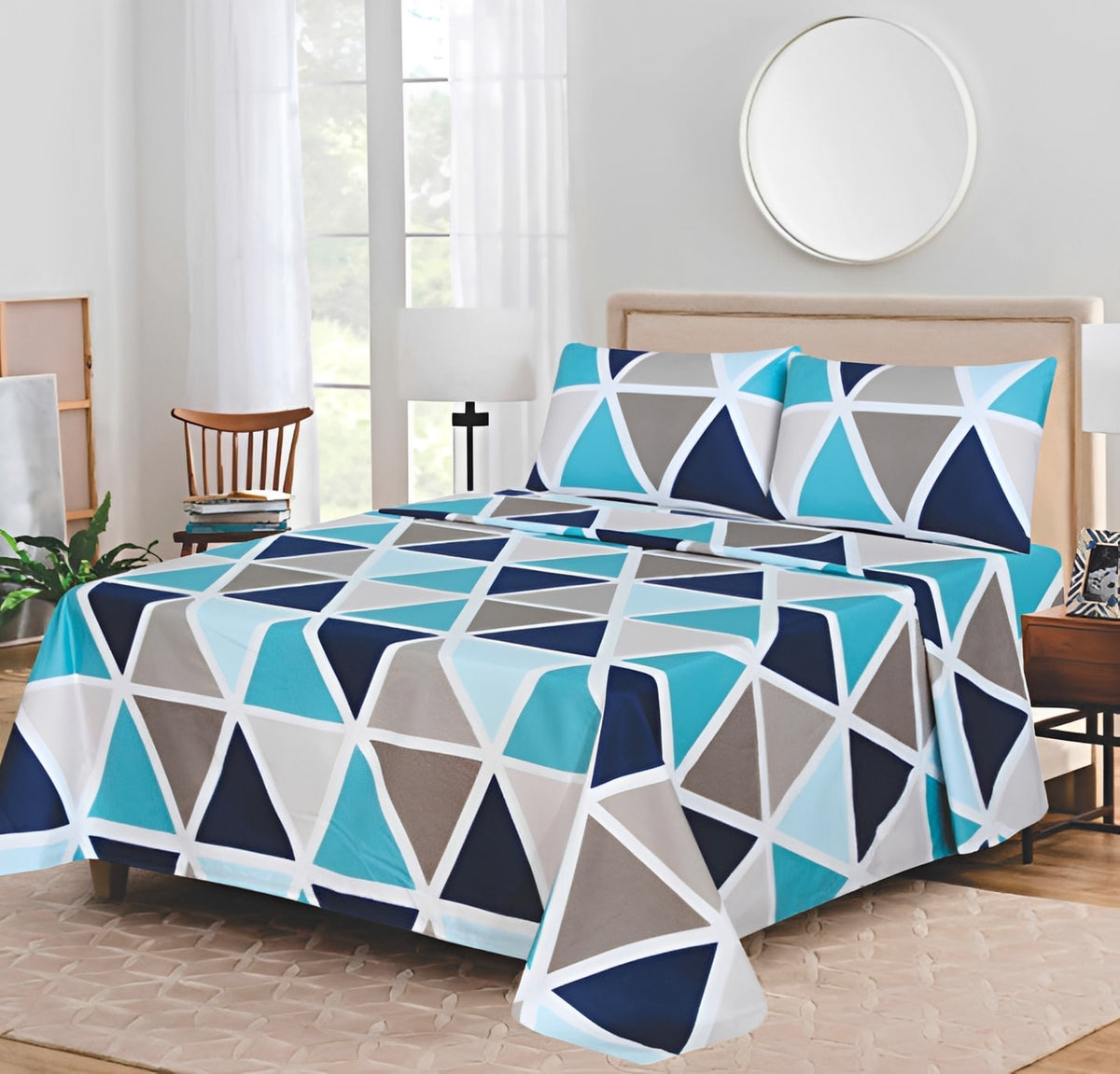 Ensemble de draps Géométrique Turquoise, Bleu marine, Gris et Blanc