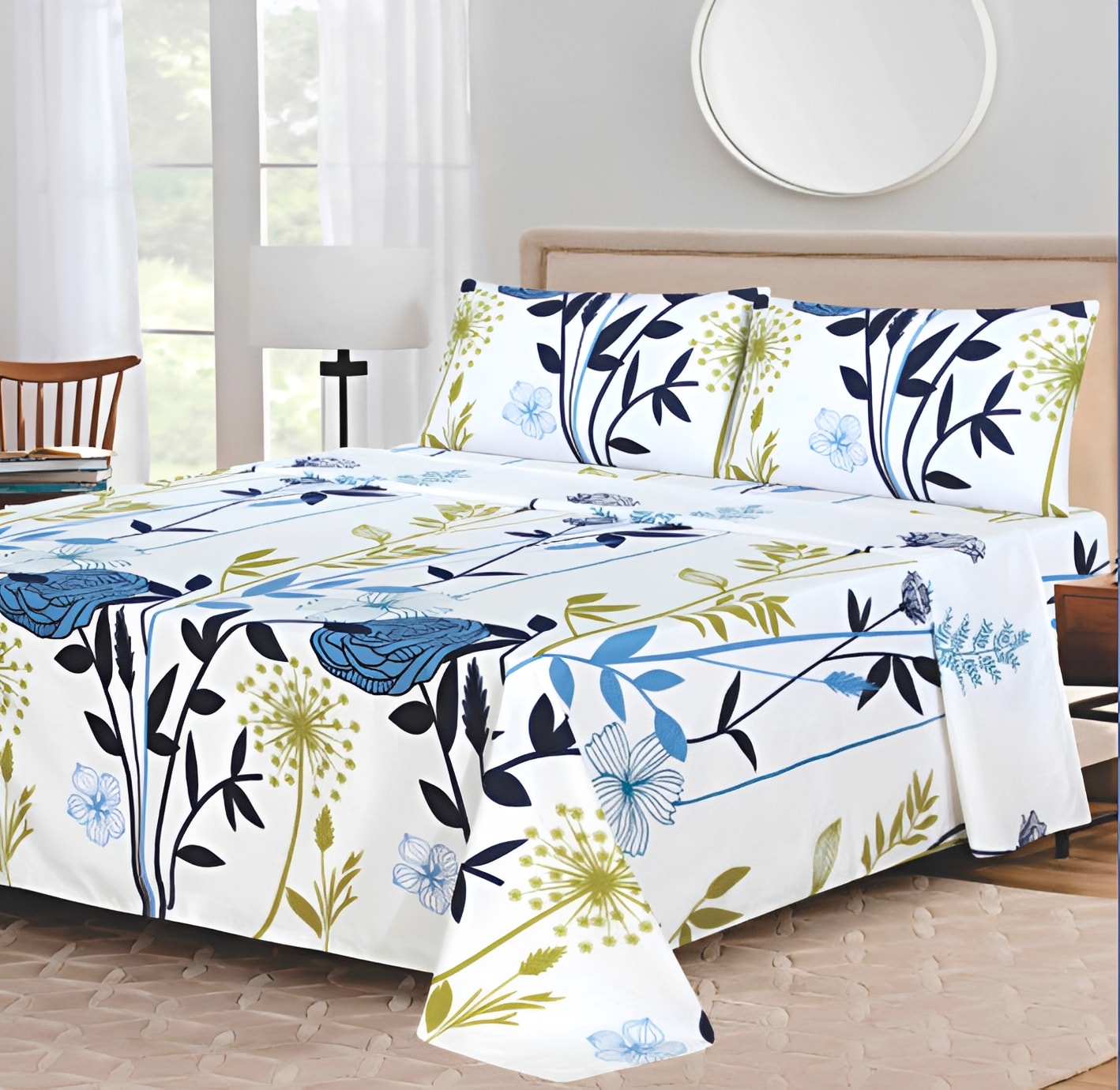Ensemble de draps Floral Blanc, Bleu et Vert olive