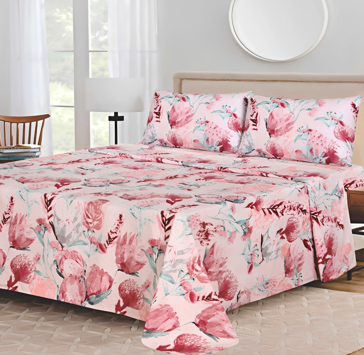 Ensemble de draps Floral Rose pâle, Rose foncé et Vert sauge