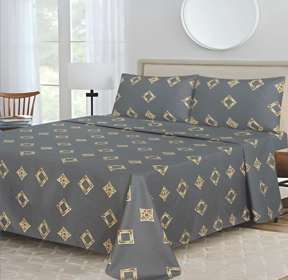 Geometric Grey, Golden Yellow, and White Sheet Set