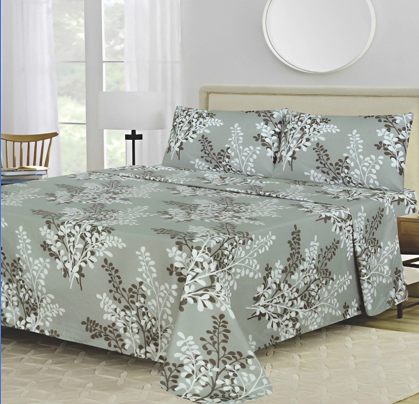 Ensemble de draps Feuillage Vert sauge, Blanc et Brun