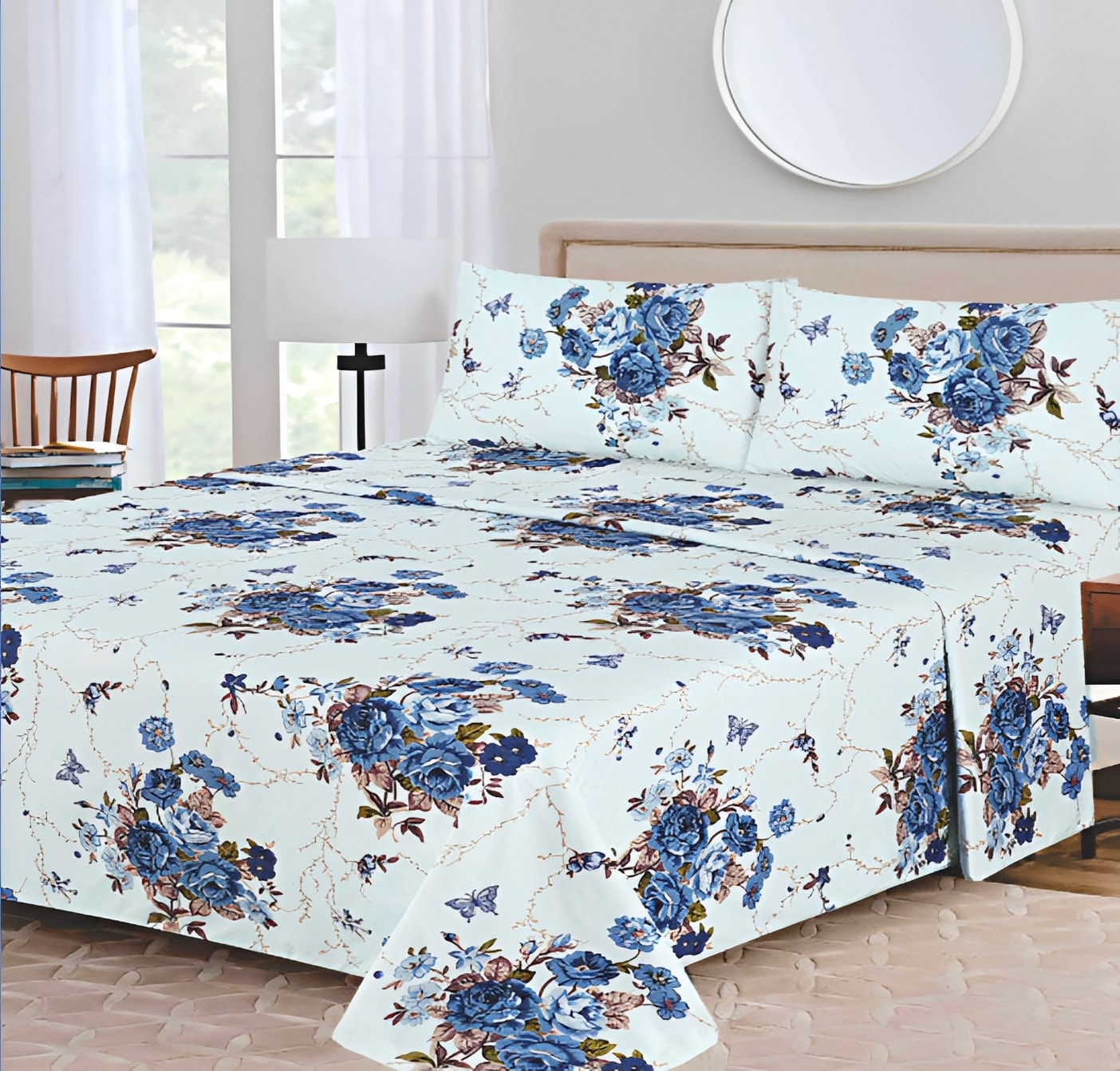 Ensemble de draps Floral Blanc, Bleu royal et Brun