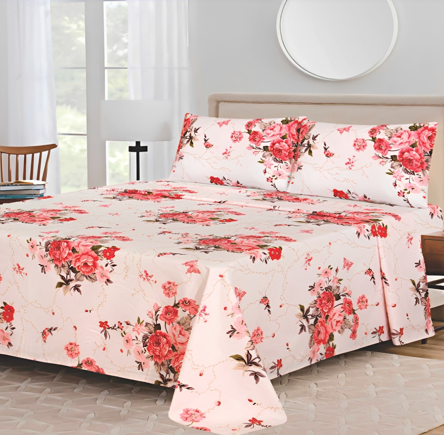 Ensemble de draps Floral Blanc cassé, Rose corail et Taupe