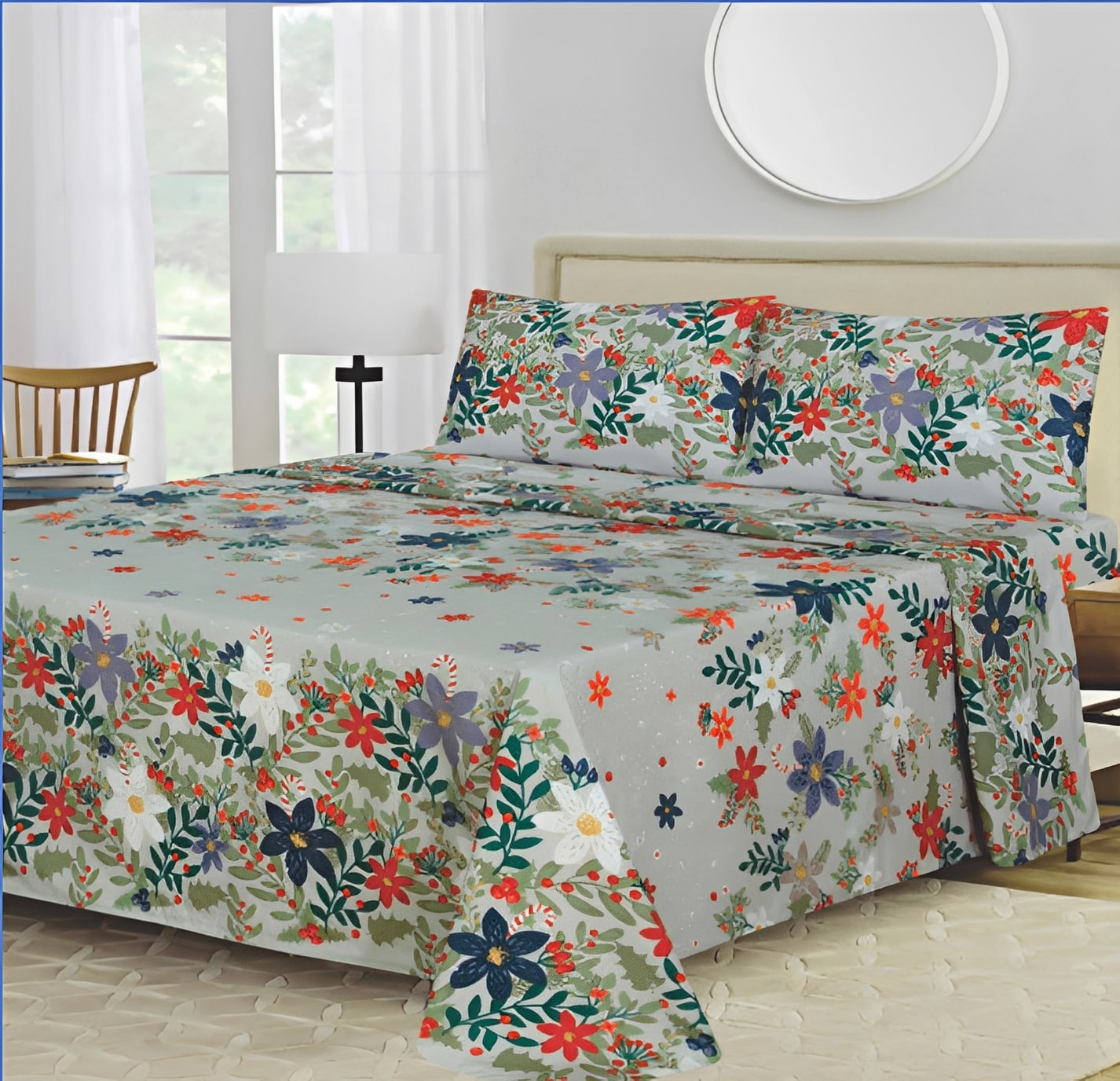 Ensemble de draps Floral Gris, Rouge, Blanc, Bleu et Vert