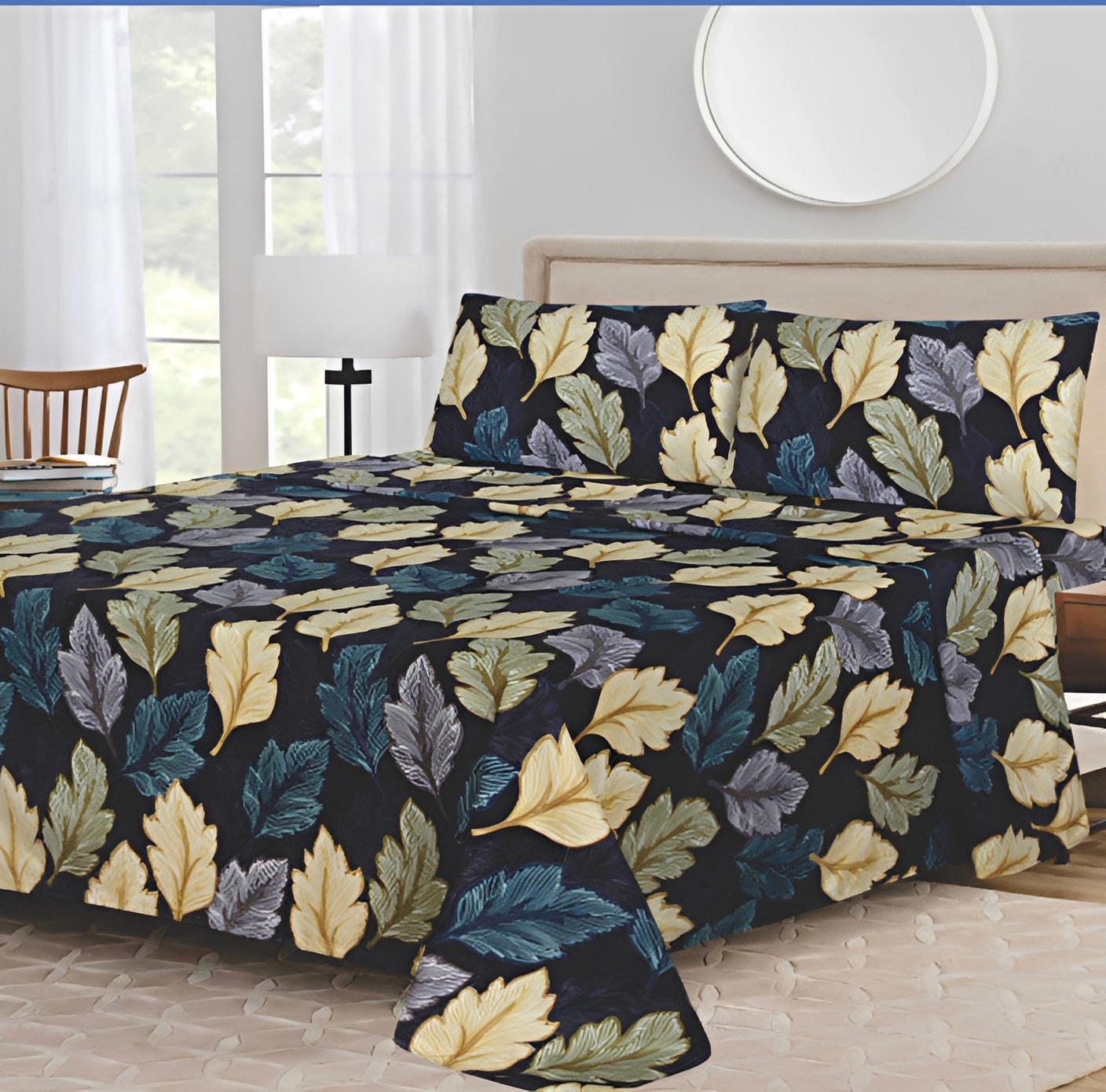 Ensemble de draps Feuilles Noir, Beige, Vert sauge, Bleu pétrole et Gris