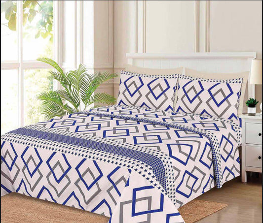 Ensemble de draps Géométrique Bleu royal, Gris et Blanc – King & Queen Home