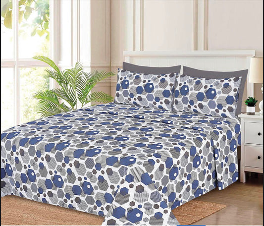 Ensemble de draps Géométrique Bleu, Gris, Blanc et Anthracite – King & Queen Home