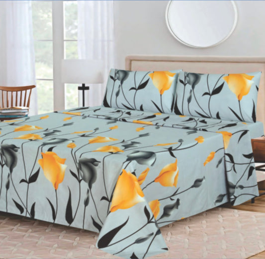 Ensemble de draps Floral Bleu ciel, Jaune doré et Noir – King & Queen Home