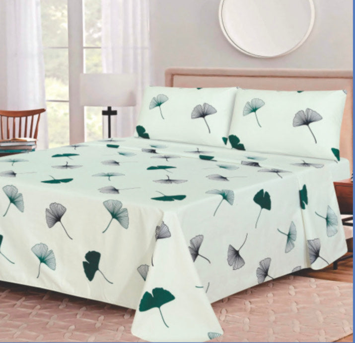 Ensemble de draps Feuilles Blanc, Vert forêt et Gris – King & Queen Home