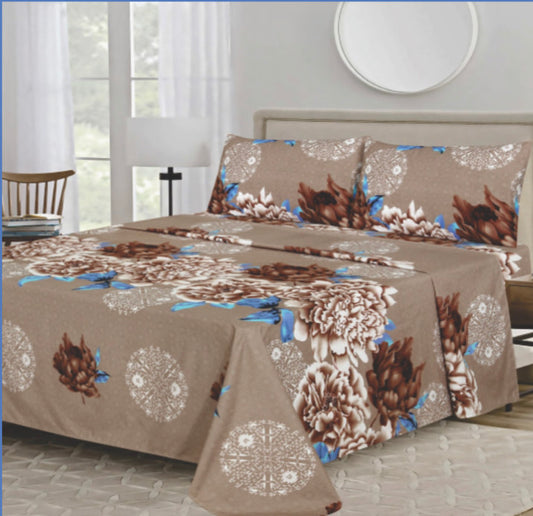 Ensemble de draps Floral Taupe, Brun, Blanc et Bleu – King & Queen Home