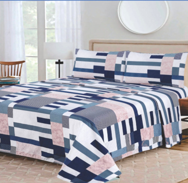 Ensemble de draps Géométrique Bleu marine, Bleu acier, Rose poudré et Blanc – King & Queen Home