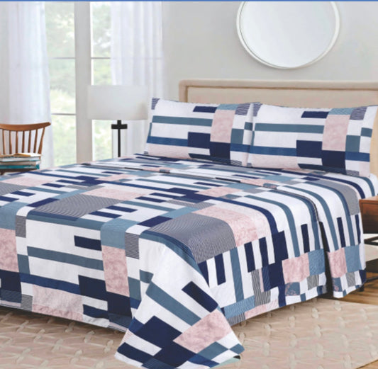 Ensemble de draps Géométrique Bleu marine, Bleu acier, Rose poudré et Blanc – King & Queen Home