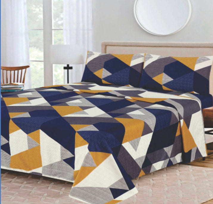 Ensemble de draps Géométrique Bleu marine, Jaune moutarde, Gris et Blanc – King & Queen Home