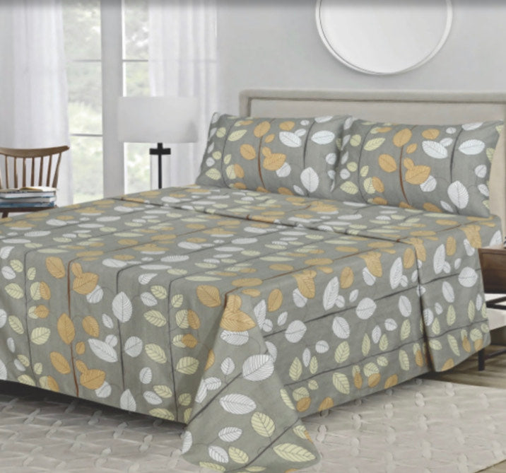 Ensemble de draps Feuilles Gris, Jaune moutarde et Blanc – King & Queen Home