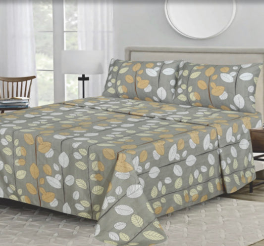 Ensemble de draps Feuilles Gris, Jaune moutarde et Blanc – King & Queen Home