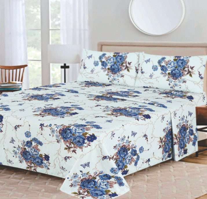 Ensemble de draps Floral Blanc, Bleu royal et Brun – King & Queen Home