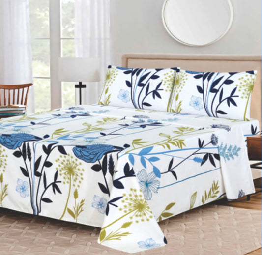 Ensemble de draps Floral Blanc, Bleu et Vert olive – King & Queen Home