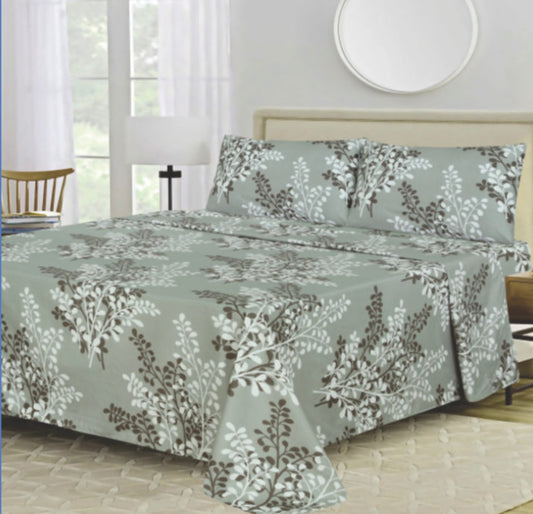 Ensemble de draps Feuillage Vert sauge, Blanc et Brun – King & Queen Home