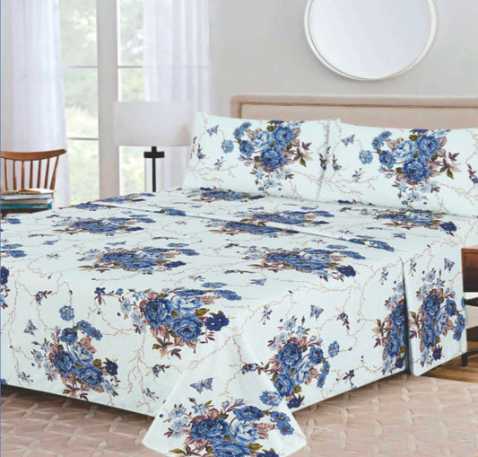Ensemble de draps Floral Blanc, Bleu royal et Brun – King & Queen Home