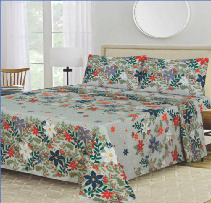 Ensemble de draps Floral Gris, Rouge, Blanc, Bleu et Vert – King & Queen Home