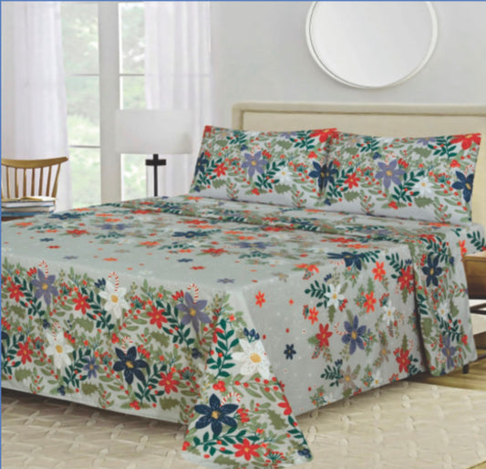 Ensemble de draps Floral Gris, Rouge, Blanc, Bleu et Vert – King & Queen Home